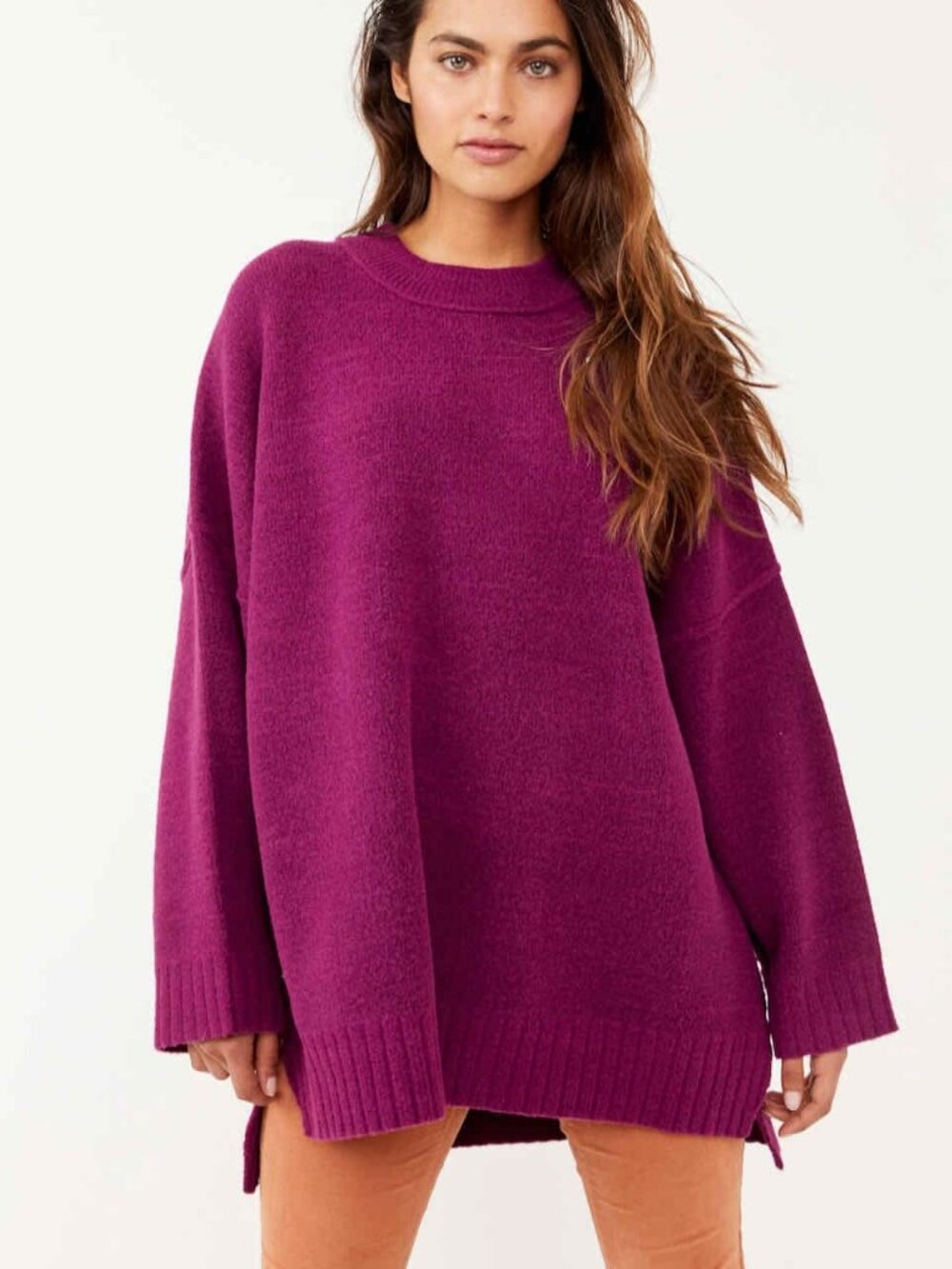 NWT Free People Women's Peaches High-Low Tunic Sweater in Plum Purple Size XS